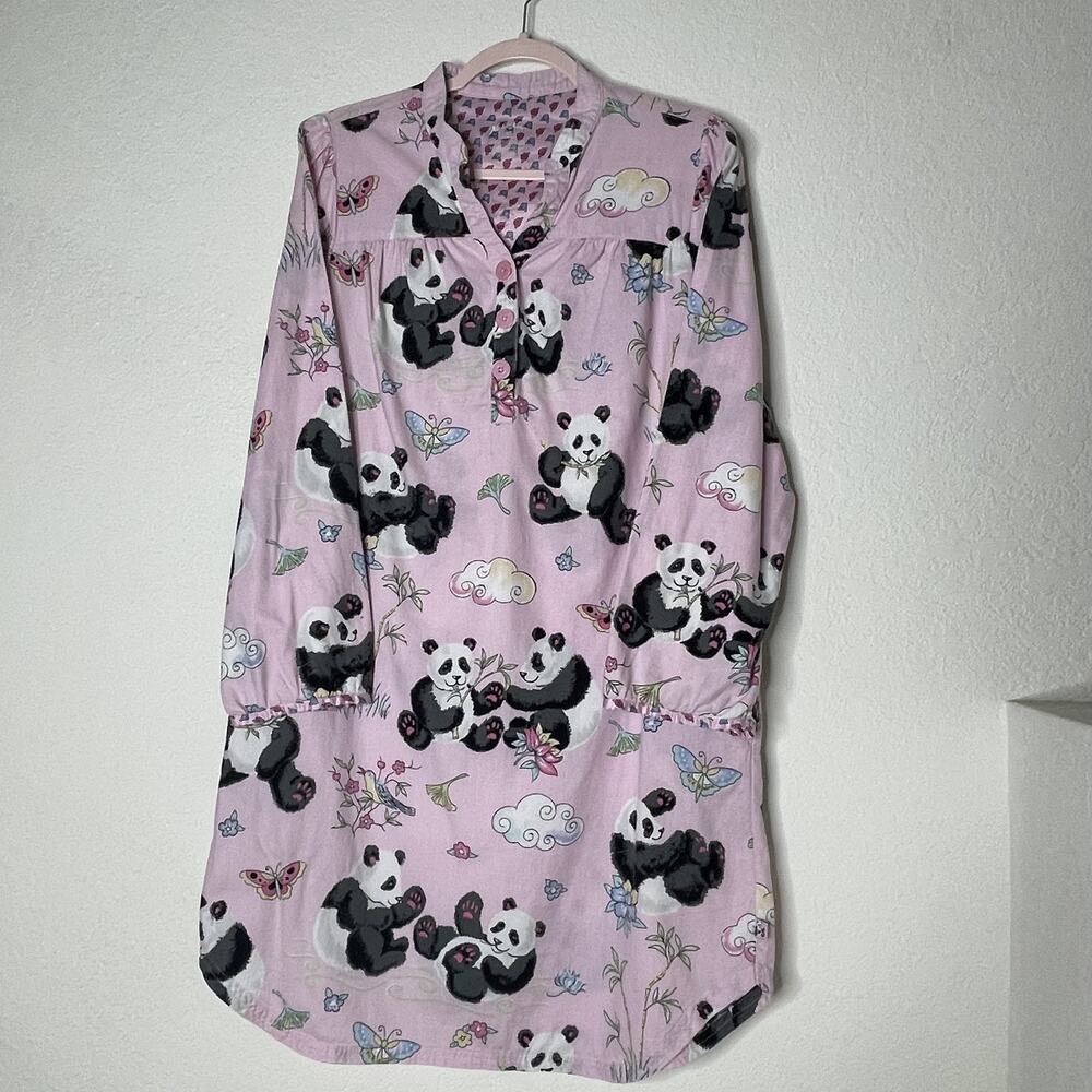 Nick & Nora Long Sleeve Sleepwear Shirt Dress Size XL Panda Print Pink Pockets